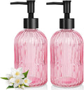 2 Pack Stripe Glass Soap Dispenser with Black Plastic Pump, 400ml Liquid Hand Soap Dispenser, Rustproof Pump for Kitchen & Bathroom, Great for Lotions, Essential Oil, Liquid Soaps- (Pink)