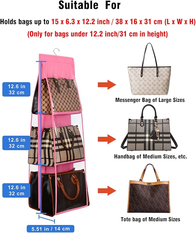 Lirex Medium and Large Handbag Hanging Purse Organizer for Closet, Handbag Storage Organizer Hanger Oxford Cloth Closet Organizer for Family Closet Bedroom, Foldable and Universal Fit, Pink