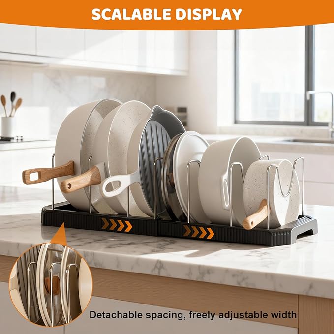 Expandable Pot Rack Organizer, 14 Adjustable Compartments, Pot and Pan Organizer Rack for Cabinet with Cup Brush Dividers, 13 -22" Wide Adjustable Pan Organizer - Pantry Countertop Storage (Black)