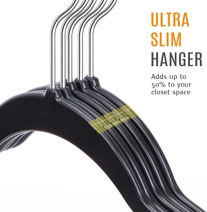 TIMMY 50 Plastic Hangers 17.7 Inch - Velvet Non-Slip, Space Saving Closet Organizers, Heavy Duty Slim Hangers for Pants, Shirts, Coats (Black, Ultra Thin & Durable)