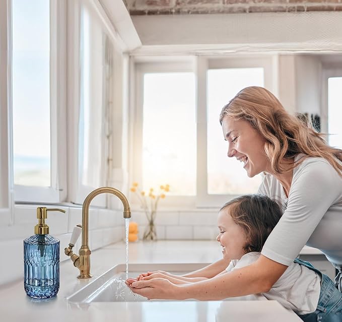 JASAI 18Oz Blue Glass Soap Dispenser with Golden Pump, Refillable Bathroom soap Dispenser with Thick Glass, Clear Kitchen Soap Dispenser for Dish Soap, Hand soap, Lotion.(Blue)