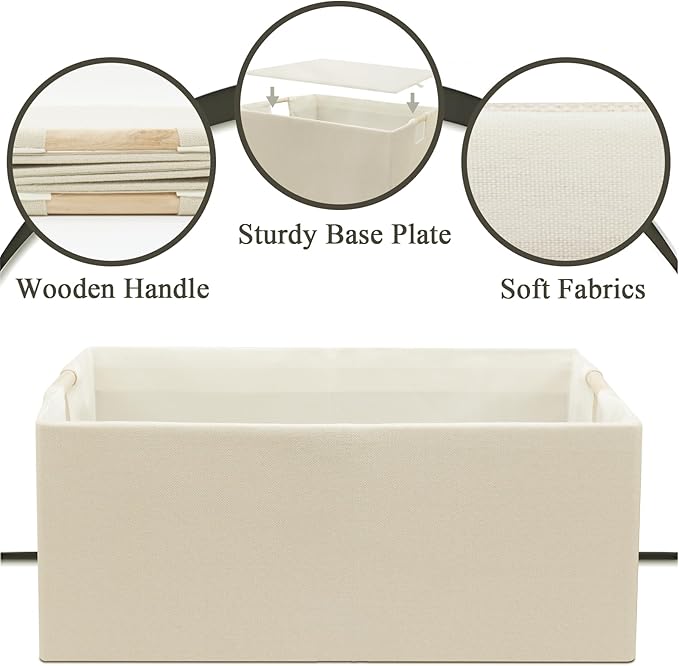 Foldable Fabric Storage Cubes, 2 Packs Cloth Storage Baskets with Wooden Handles, Collapsible Shelf Closet Organizer Bins, Rectangular Storage Boxes for Decor (Beige)
