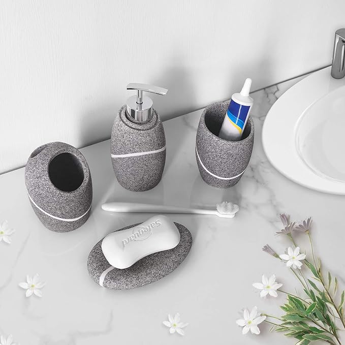 Bathroom Accessory Set,4 Pieces Bathroom Decor Accessories Complete Set Vanity Countertop Accessory Set,Includes Bathroom Soap Dispenser Set,Toothbrush Holder Set,Tumbler,Soap Dish,Grey Granite