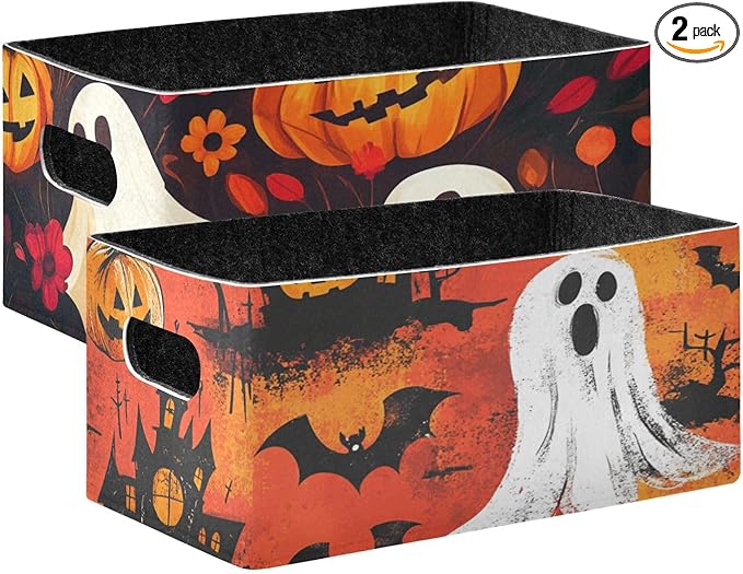Halloween Ghost Pumpkin and Poppy Closet Storage Bins 2 Pcs Felt Open Home Storage Containers Organizer with Handles Collapsible Shelf Basket for Home Office Craft Room Classroom Fabric