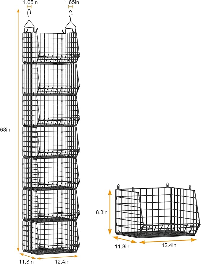 X-cosrack 7 Tier Foldable Hanging Closet Organizer and Storage,Wire Closet Shelving with 4 Large Hooks+ 5 S Hooks,Hanging Basket for Clothes Sweaters Shoes Handbags,Small Closet Organizers
