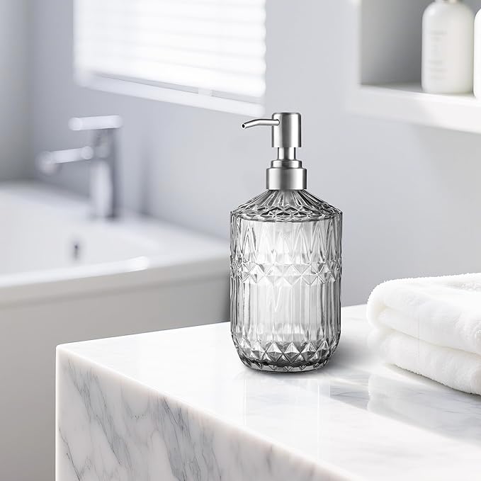 13 Oz Refillable Soap Dispenser, Glass Soap Dispenser for Dispense Hand Soap, Dish Soap, Lotion (Clear)