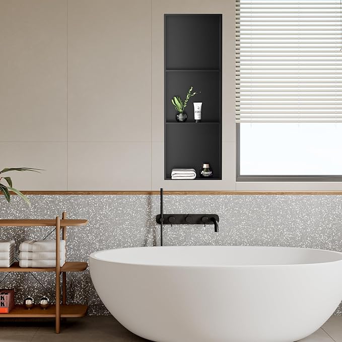BATHFINESSE Shower Niche 8" X 36" Black, 3 Shelves Wall Niche Stainless Steel Recessed Shower Shelf for Bathroom Storage, No Tile Needed Over Mount Installation