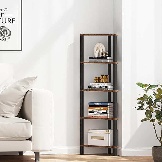 TUTOTAK Corner Shelf, 5-Tier Corner Bookshelf for Small Space, Narrow Display Corner Shelf Stand with Storage Rack, for Living Room, Bedroom, Rustic Brown BS05BB005