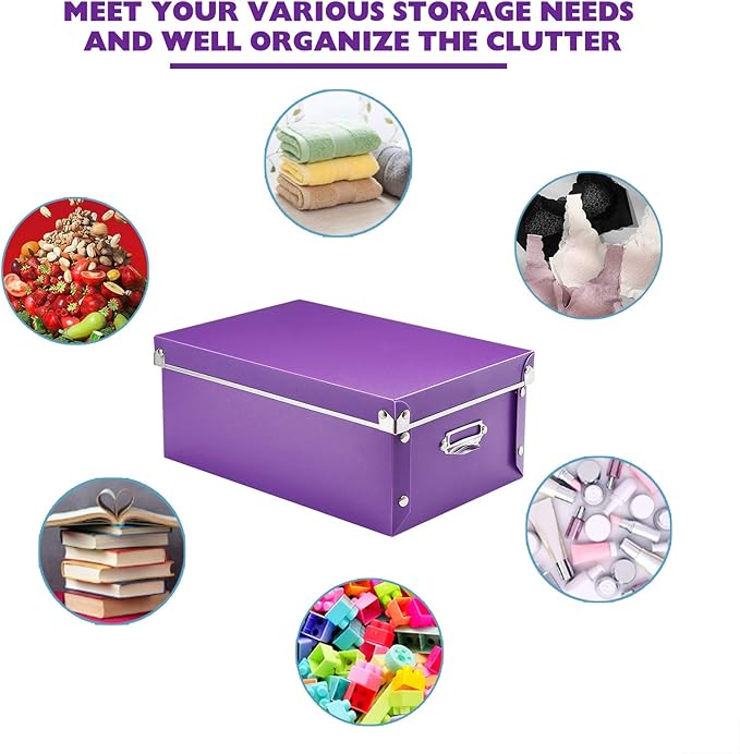 SEEKIND Storage Box, Decorative Storage Bins with Lid,3 in 1 Set,Press-Stud Fastening,Moisture-proof,Foldable for Space Saving Storage,for Clothes, Cosmetic,Blankets (Purple)