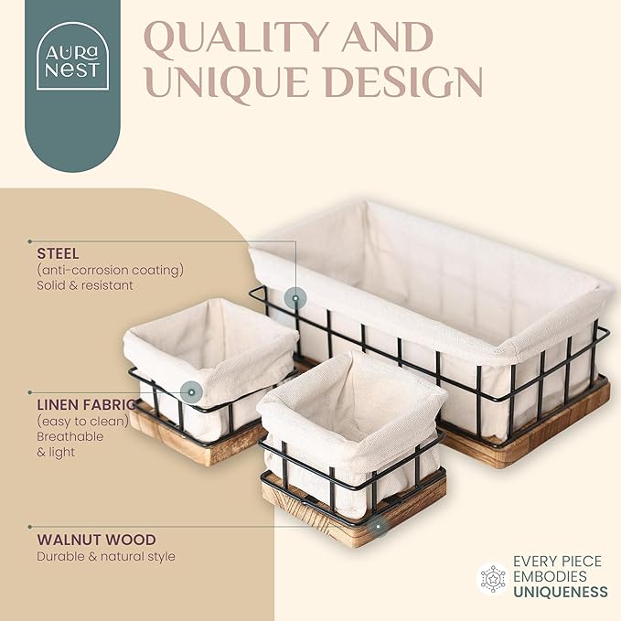 Metal Baskets for Organizing - Set of 3 Black Metal Basket with Liner, Wooden Decorative Baskets for Home Decors, Bathroom Decor & Kitchen Decor, Wooden Wire Basket Storage(1 Large, 2 Small)