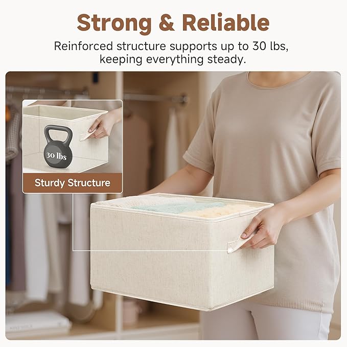 StorageWorks Storage Baskets for Shelves, Fabric Storage Bins, Closet Organization and Storage Basket, Organizer Bins for Clothes, Beige (Cotton-linen), 3-Pack, Large