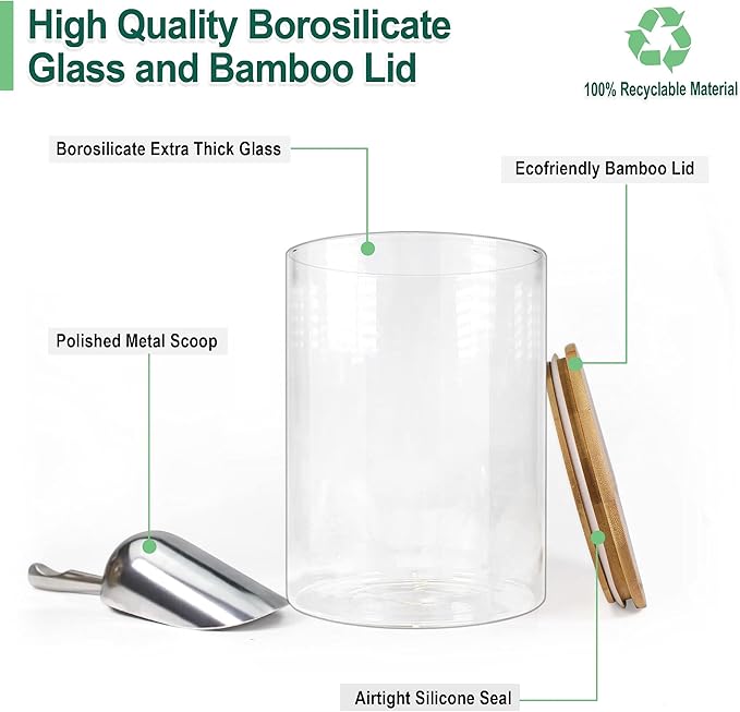 Urban Green Glass Jars with Airtight Lids, Airtight Glass Canisters with Locking Lids, (Bamboo 100oz)