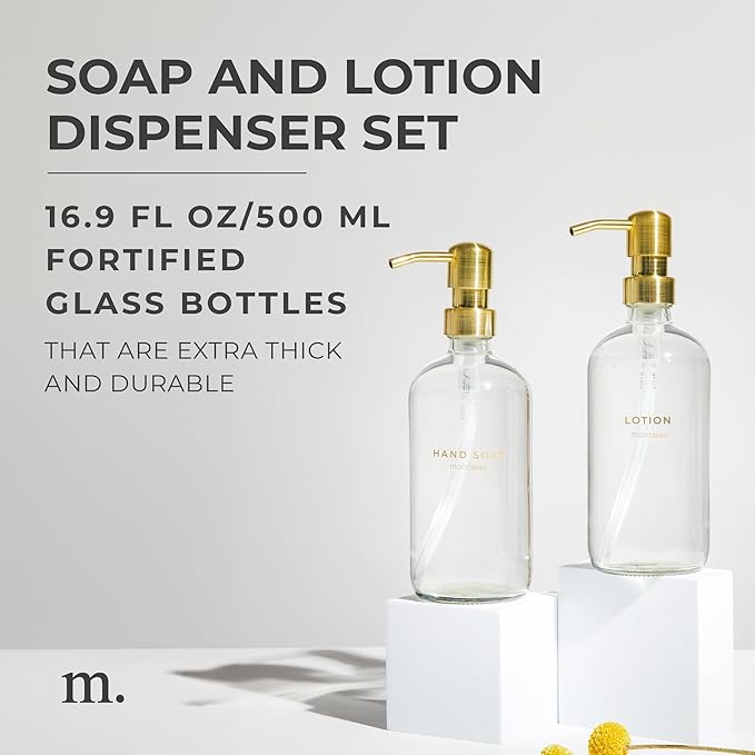 MaisoNovo Soap Dispenser 2-Piece Set | 16.9oz Clear Bottles with Gold Stainless Steel Pump Core