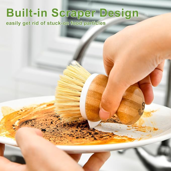 SUBEKYU Bamboo Dish Brush, Kitchen Dish Scrubber Brush, Natural Wooden Dishwashing Brush for Cleaning Dishes/Pans/Pots, Built-in Scraper, Sisal Bristles,1 Set