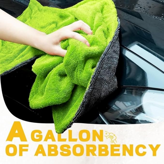 1200GSM Microfiber Car Drying Towel, Double-Twist Loop, Ultra-Absorbent, Quick-Dry, Lint- & Streak-Free, Scratch-Safe, for Car Wash & Detailing (1 Pack) (Dark Grey & Green, 16" x 16")