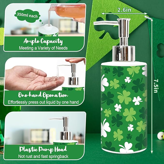 JarThenaAMCS St. Patrick's Day Soap Dispenser Glass Dispenser with Pump Refillable Green Shamrock Clover Liquid Soap Container for Irish Holiday Home Kitchen Bathroom Countertop