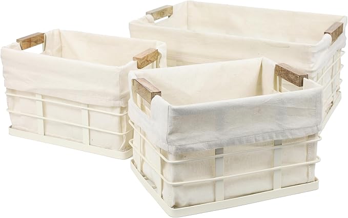 happimess BSK3002C-3SET Callan Vintage Industrial Wire Metal Nesting Storage Baskets with Wood Handles and Fabric Liner, for Shelves, Cabinets, Pantry, Countertop, Mesh Open Bin, Almond (Set of 3)