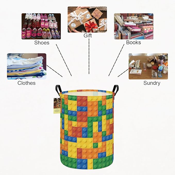 HUNRUNG Laundry Hamper,Large Canvas Fabric Lightweight Storage Basket Toy Organizer Dirty Clothes Collapsible Waterproof for College Dorms（Round-Colorful Blocks）