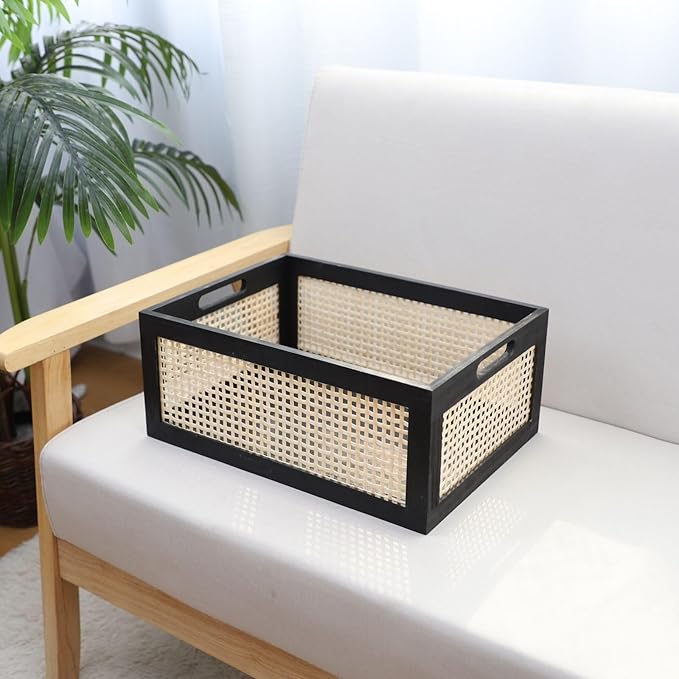 Wooden Frame Storage Basket, Decorative Organizer Crates Box with Built-in Handle,Natural Wire Wood Nesting Drawer Storage for Kitchen, Bathroom and Office Desktop-(15" Lx11 Wx6.3 H-Black)