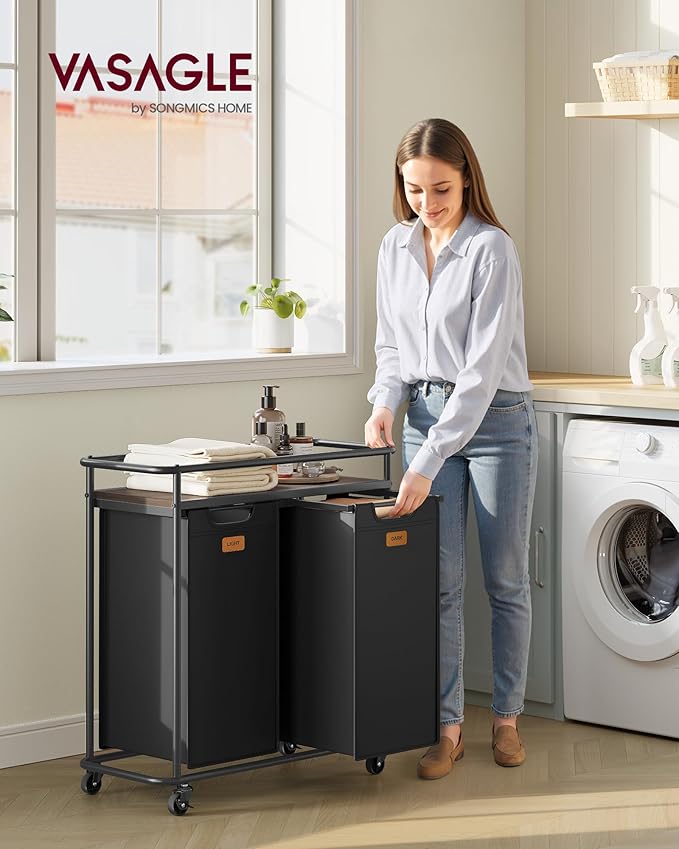 VASAGLE Laundry Sorter, Laundry Hamper with Wheels, 26.4 Gal. (100 L) Portable Rolling Cart Baskets with Shelf, 2 Removable Liners and 6 Labels, Ink Black and Chestnut Brown UBLH102BH01