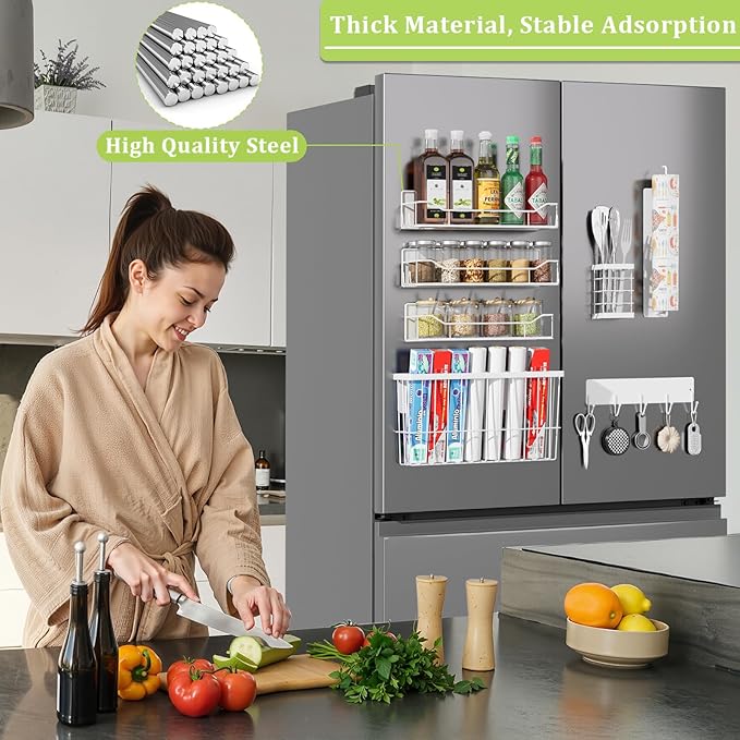 Magnetic Spice Rack for Refrigerator, 7 Pack Magnetic Fridge Shelf for Kitchen Organization Storage, Moveable Spice Organizer W/Paper Towel Holder, Utensil Caddy, Cutting Board Rack (White)