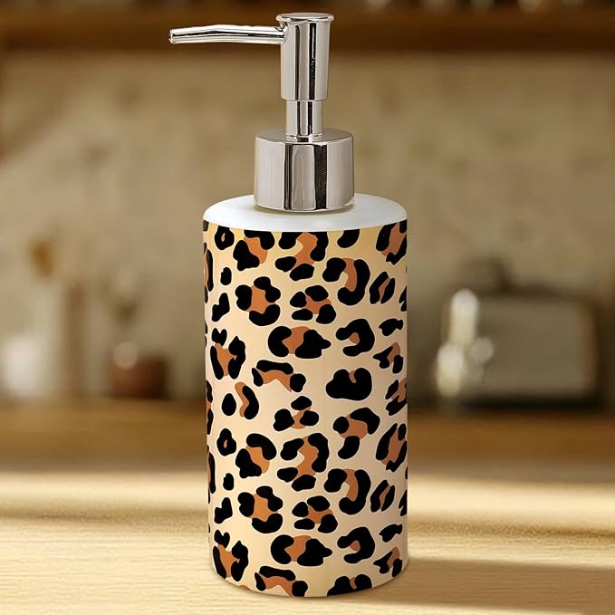 Cheetah Print Soap Dispenser Refillable Liquid Container Brown Leopard Glass Soap Dispenser with Pump for Bathroom Kitchen Countertop Decor