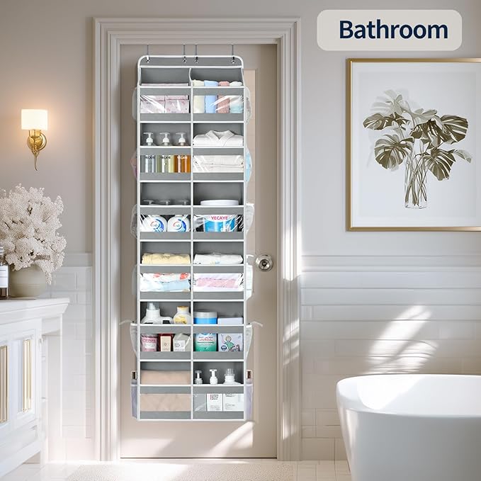 Yecaye 6-Tier Over The Door Organizer Dual-Column of 12 Compartments, College Dorm Essentials with Clear PVC Windows, Heavy Duty Door Organizer Hanging for Bedroom Closet Bathroom Pantry Nursery, Gray