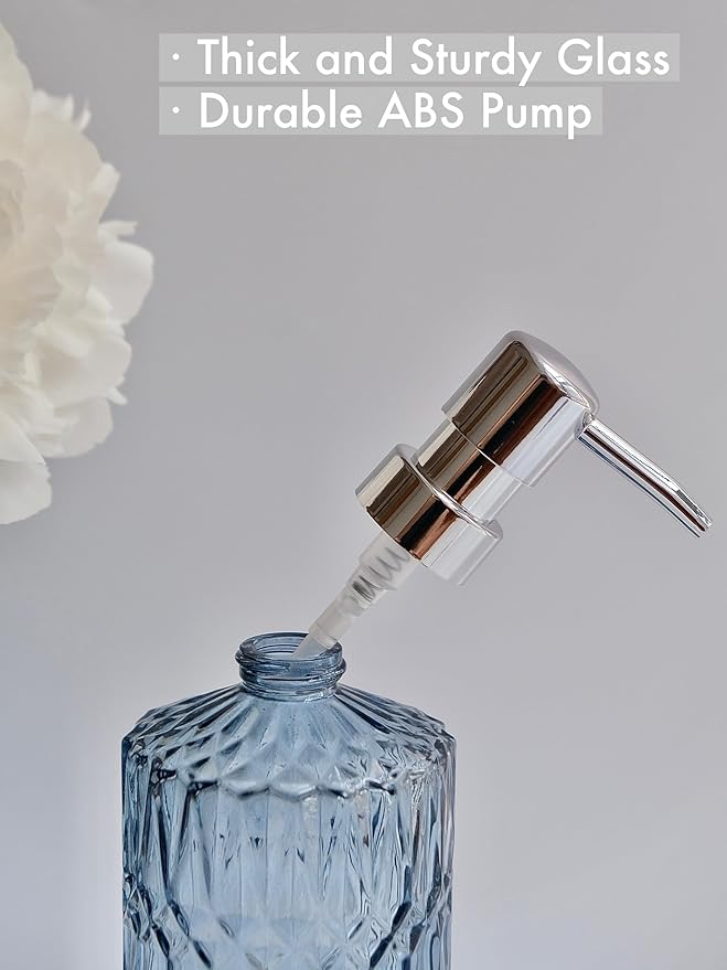Clear Glass Soap Dispenser with Silver Rust Proof Pump, Refillable Thick Glass Kitchen Soap Dispenser, Lotion Dispenser Bathroom for Hands Soap, Dish Soap, Body Wash (Blue