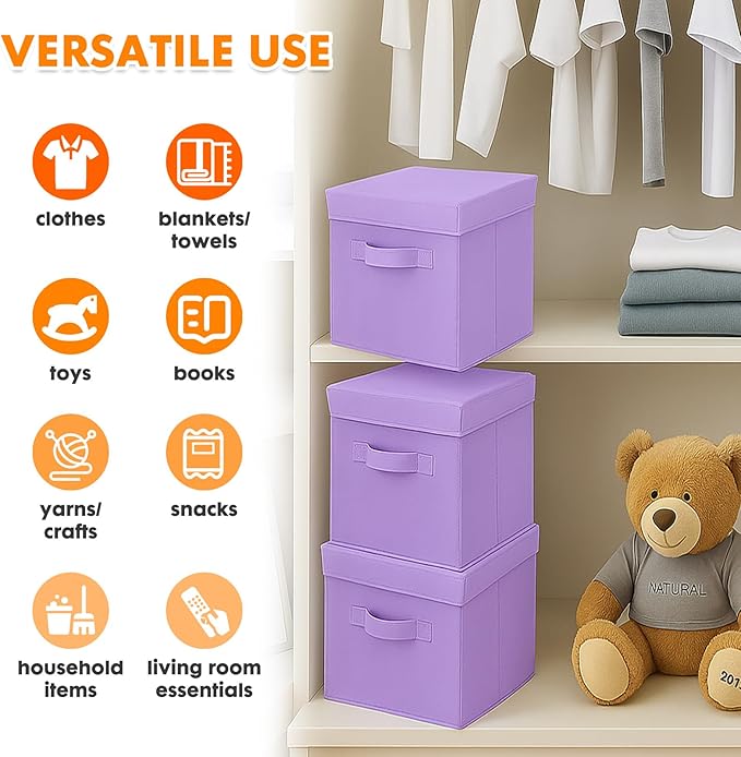 ShellKingdom Storage Bins, Foldable Fabric Storage Cubes with Lid, Clothes Storage Organizer Drawer For Closet Toys Storage, 13 X 13 X 13 INCH, 2 Pack (Lavender)