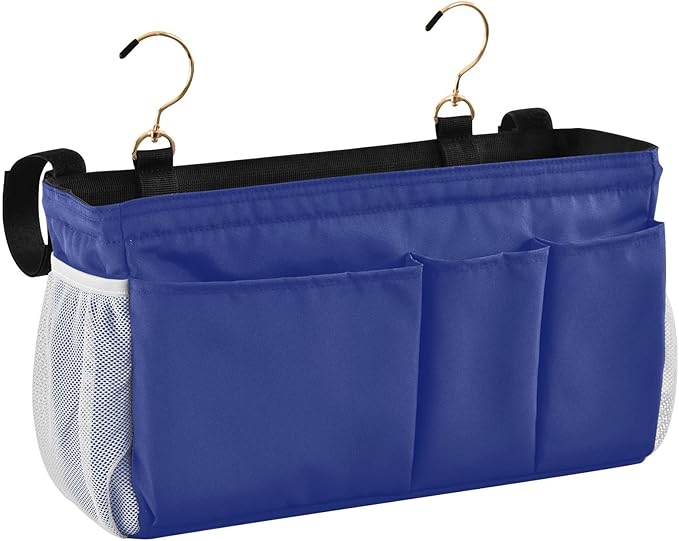 KOPIRIT Blue Bedside Caddy Storage Bag Bedside Organizer for Bunk Bed Headboards College Organizer Caddy Hanging Shelf 6 Pockets with Hooks for Book Glasses Phone Holder