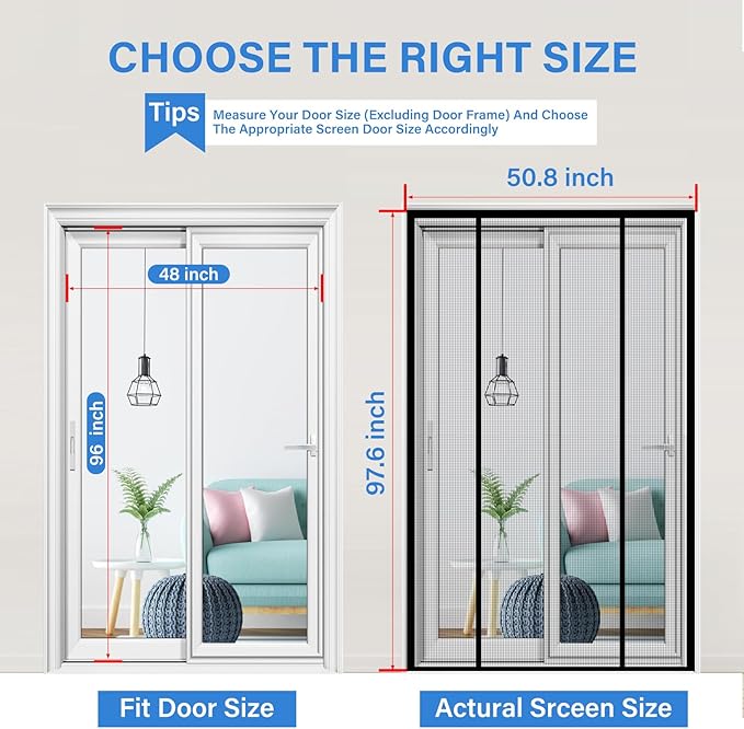Magnetic Screen Door Upgraded PET Mesh Stronger Than Fiberglass and Polyester,Hands Free,Keeps Bugs Out,Pet & Kid Friendly,Suitable for Sliding Door,Large Patio Door and French Door-48''x96''