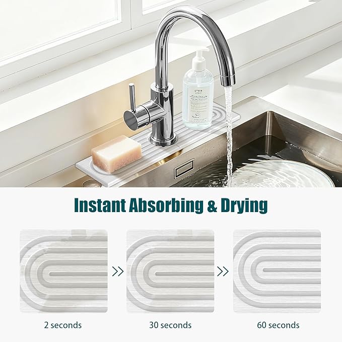 Stone Sink Mat for Kitchen - Water Absorbent Stone Tray, Quick Dry Faucet Mat, Kitchen Sink Splash Guard,Sink Mat & Base Faucet Mat for Counter Protection[White, 15.7"x3.9"]