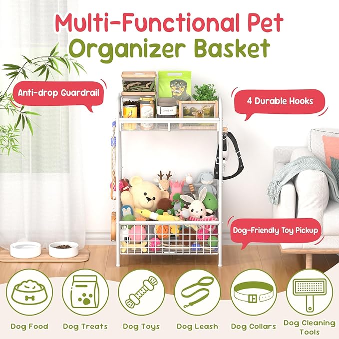 Indestructible Medium Dog Toy basket, Toy Box for Dogs,Pet Toys Bin Dog Metal Wire Basket for Toys, Food Storage, Storage Organizer Chest Storage, Toy Box for Living Room Area (White)