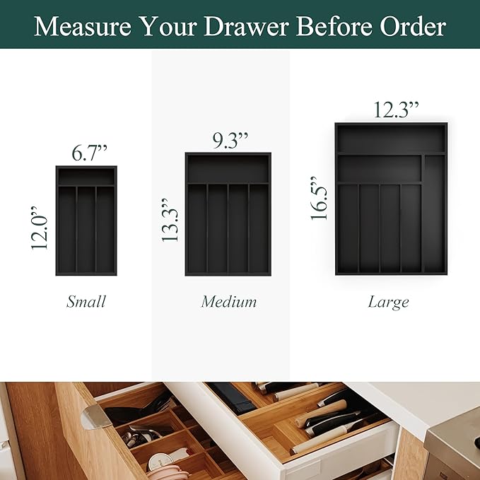 Bamboo Silverware Organizer, Kitchen Drawer Organizer, Utensil Holder, Cutlery Tray & Spoon Flatware Storage with Grooved Drawer Dividers (5 Slots, Black)