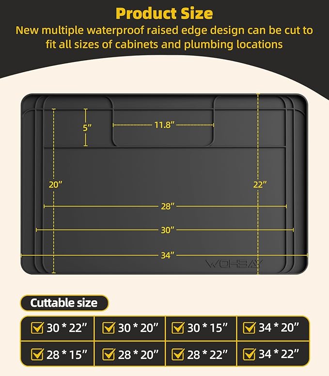 Wohbay Under Sink Mats for Kitchen Waterproof, Cut to Fit Under Sink Drip Tray for Kitchen Bathroom Cabinets, Silicone Sink Liner Hold Up to 3.3 Gallons Liquid, 34" X 22" Or Smaller (Black, Large)