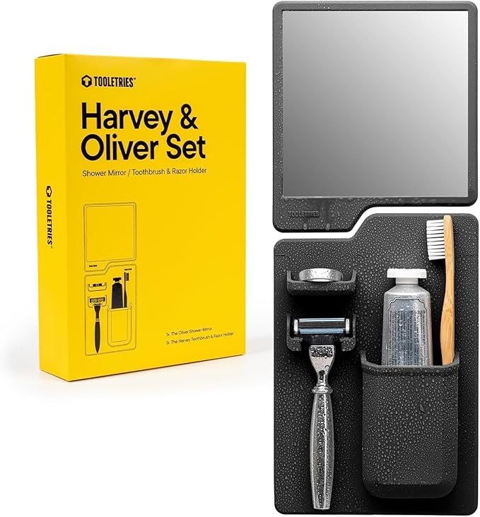 TOOLETRIES The Harvey & Oliver Set- Toothbrush & Razor Holder and Fog Resistant Mirror - Silicone Shower & Bathroom Accessory - Features Silicone-Grip Technology, Removable & Reusable - Charcoal