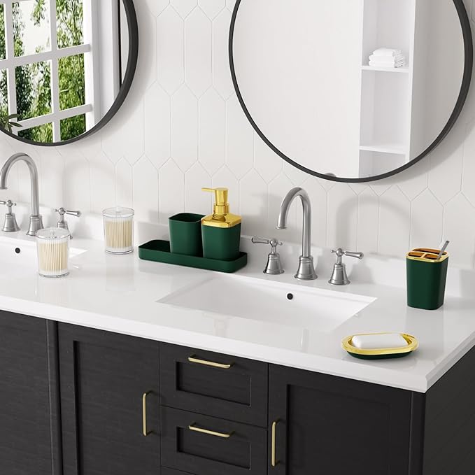 Bathroom Accessories Set, Green Bathroom Set, Dark Green Bathroom Accessory Set with Trash Can, Soap Dispenser, Soap Dish, Toothbrush Holder and Q-tip Holders