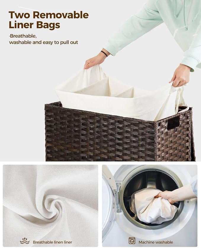 GREENSTELL Laundry Hamper with Wheels&Lid, 130L Large 3 Sections Clothes Hamper with 2 Types Removable Liner Bags, 5 Mesh Laundry Bags, Handwoven Divided Laundry Basket Brown