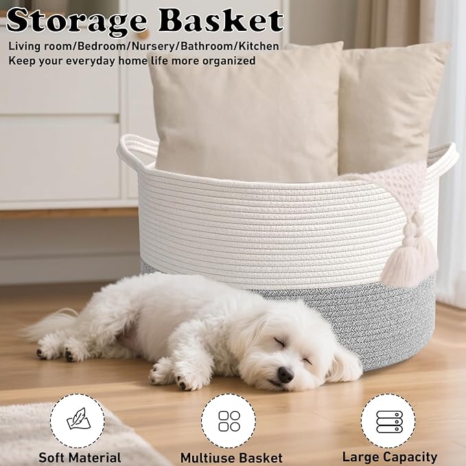 115L Large Blanket Basket,23.6" L x 23.6" W x 15.7" H Rope Woven Baskets with Handles, Toys Storage Bins,Laundry Basket Perfect for Living Room, Nursery,Bedroom,Home Organization,White&Grey