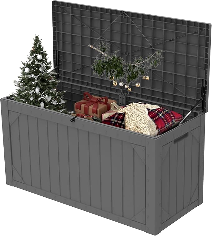 Outdoor Storage Box Waterproof, 100 Gallon Lockable Resin Deck Box Patio Storage Bin for Pool Accessories Cushion Furniture, Garden Tools, UV-Resistant Outside Delivery, Grey