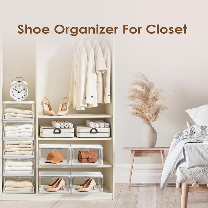 Thicken & Sturdy Clear Shoe Boxes with Magnetic Door, 3 Pack Stackable Multi-functional Shoe Storage, Shoe Organizer for Closet, Space Saving, 360 ° Dustproof & Moisture-proof, Fits Up to US Size 13
