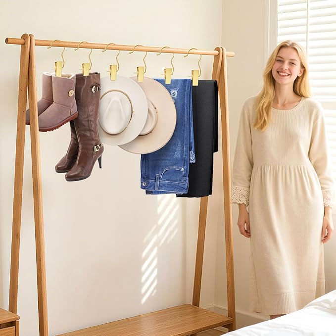 30 Pack Gold Boot Hangers for Closet, Pants Hangers with Clips Portable Travel Hanger Space Saving, Boot Clip Hooks for Hanging Clothes Pins Leggings Hangers Laundry Towels Hat Bra Socks Jean