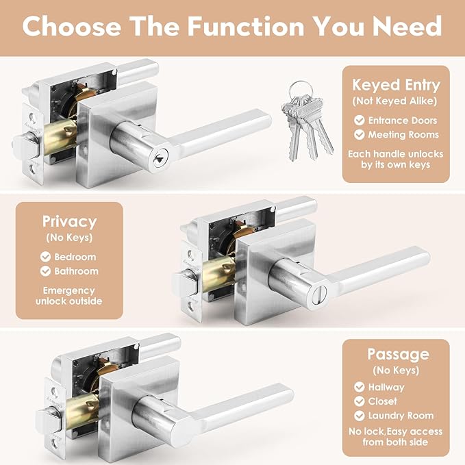 Passage Square Keyless Door Handle Without Key,Only Latch Required,Interior Exterior Free Rotation/One-Touch Opening,Reversible Left Right Lever Lock,ADA-Compliant,for Hallway Closet