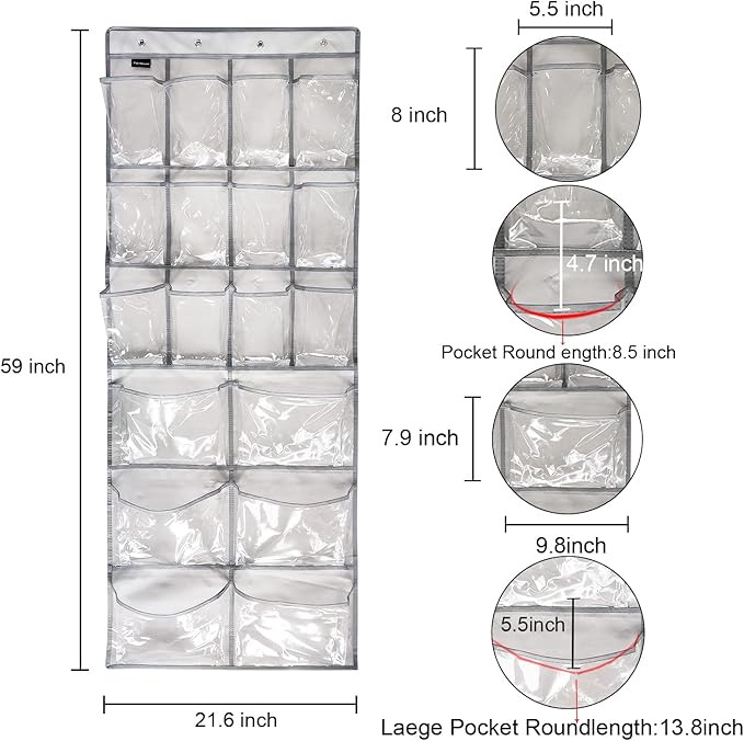TidyMaster 2 Pack Extra Large Hanging Crystal Clear Over Door Shoe Organizers, Closet Shoe Rack Organizer, 12+6 Pockets, 8 Hooks, Grey (59" x 21.6")