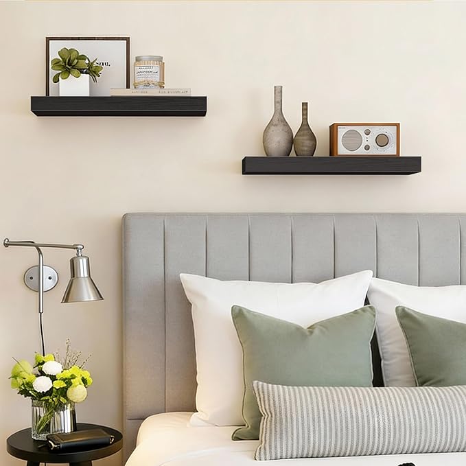 Fixwal Floating Shelves for Wall, 15.7" Wood Wall Mounted Shelves for Living Room, Bedroom, Bathroom and Kitchen, for Storage, Books, Room Decor (Black, Set of 2)