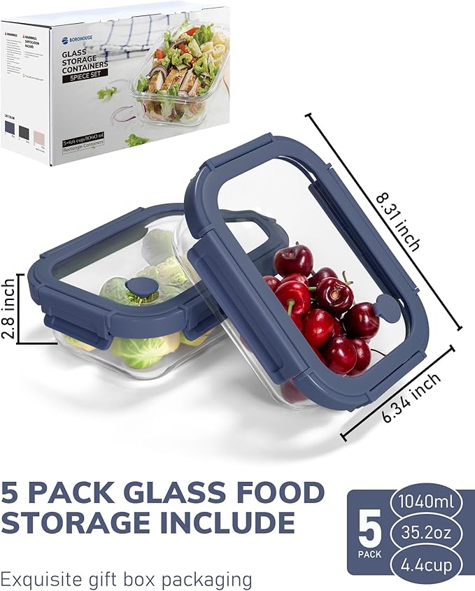 5-Pack Borosilicate Glass Containers with Tempered Lids, 35.2oz/4.4 Cup Airtight Meal Prep Set, Microwave/Freezer Safe (Blue)