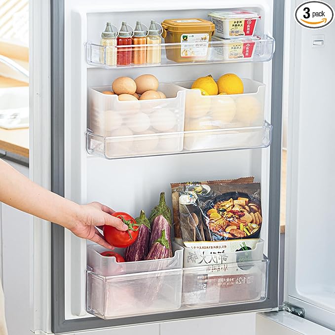 3 Pack Refrigerator Organizer Box, Plastic Refrigerator Side Door Storage Containers, Space-Saving Organizer Bins for Refrige, Refrige Drawers for Fruit and Vegetable (Clear, L×3)