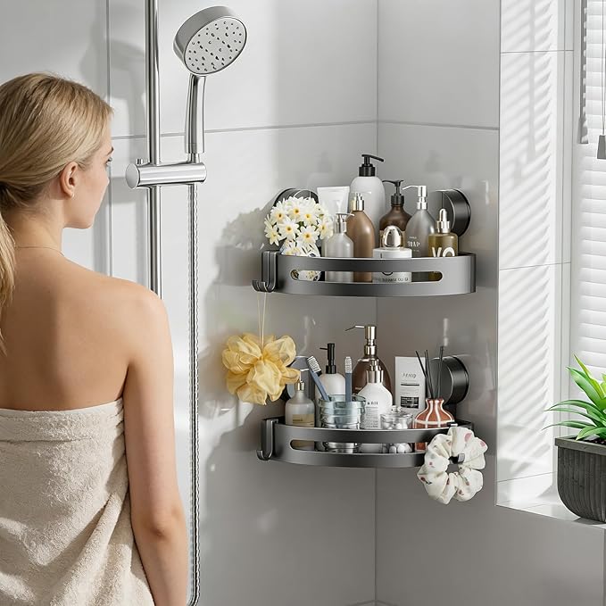 Bathroom Shower Caddy, Suction Cup Corner Shelf,2 Packs Rustproof Wall Mounted Bath Shelves Storage Rack,No Drilling Shower Organizer with 4 Hooks,Kitchen Home Gadget Essentials (Corner-2pack)