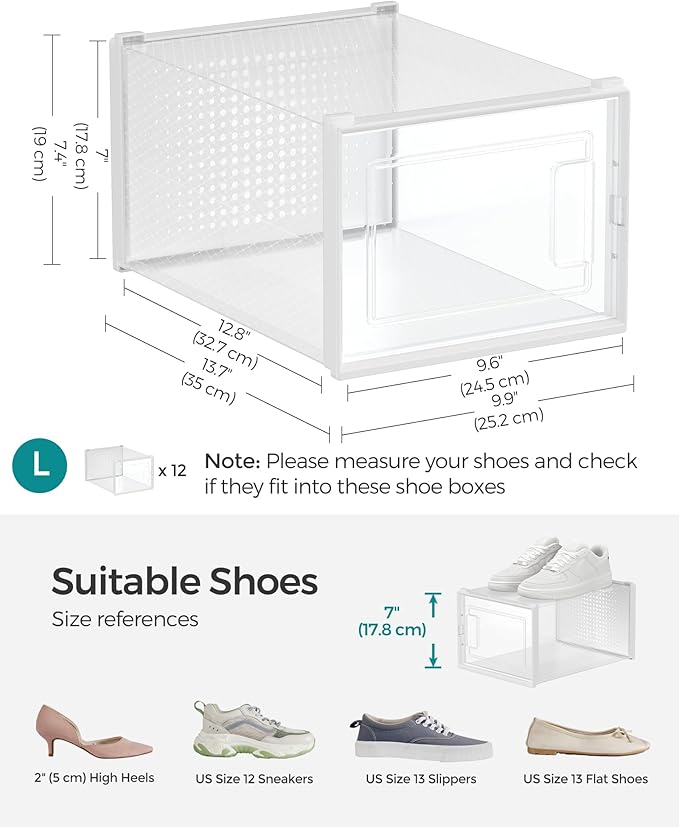SONGMICS Shoe Boxes, Pack of 12 Shoe Storage Organizers, Stackable Clear Plastic Boxes for Closet, Sneakers, 13.7 x 9.9 x 7.4 Inches, Transparent and White ULSP12MWT