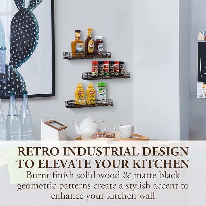 MyGift 3 Pcs Wall Mounted Spice Racks, Hanging Organizers for Seasoning Jars or Condiment Bottles, 14 Inch Rustic Burnt Solid Wood and Black Metal Wire Geometric, for Kitchen